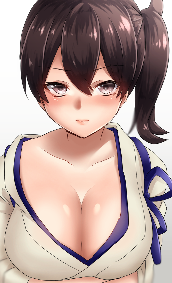 1girl blush breasts brown_eyes brown_hair cleavage japanese_clothes kaga_(kantai_collection) kantai_collection kirito_(tundereyuina) long_hair short_hair side_ponytail solo