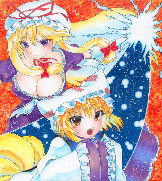 2girls blonde_hair bow breasts choker cleavage dress elbow_gloves energy eyebrows_visible_through_hair eyelashes fox_tail frilled_dress frilled_sleeves frills gloves hair_bow hands_together hat hat_ribbon large_breasts light lips long_hair long_sleeves mob_cap multiple_girls multiple_tails open_mouth outstretched_arm payot qqqrinkappp reflective_eyes ribbon ribbon_choker serious short_hair slit_pupils summoning sweatdrop tabard tail teeth tight_dress tongue touhou two-tone_background very_long_hair violet_eyes white_dress white_gloves wide_sleeves yakumo_ran yakumo_yukari yellow_eyes