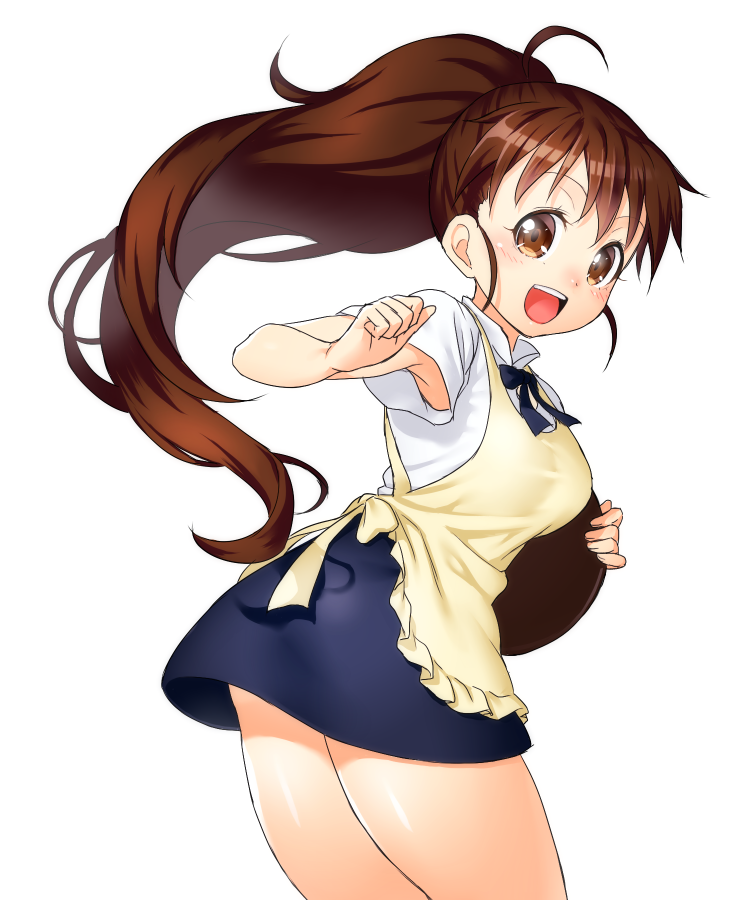 1girl apron blush breasts brown_eyes brown_hair long_hair onsoku_maru open_mouth ponytail skirt smile solo taneshima_popura tray waitress working!!