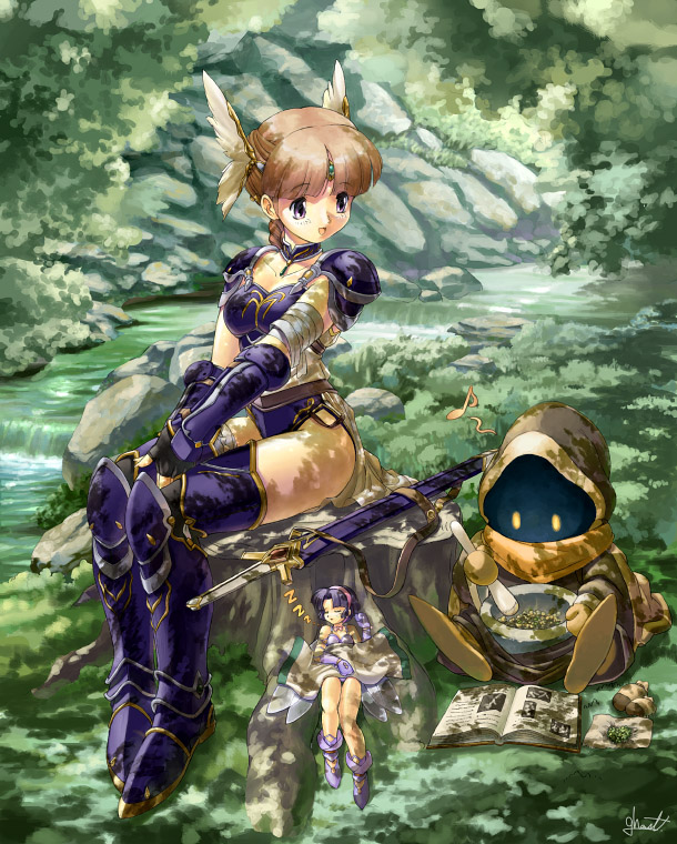 armor armored_boots armored_dress bandages bare_shoulders book boots bridal_gauntlets brown_hair crown fairy fairy_wings forest jewelry leotard nature necklace original ribbon sitting sleeping smile sword uchiu_kazuma violet_eyes weapon wings