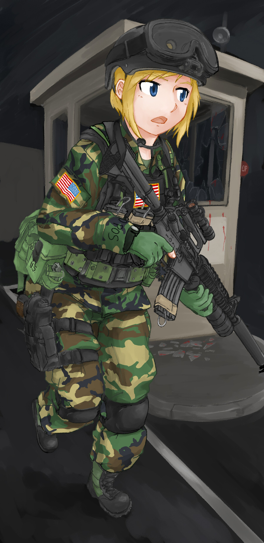 1girl american_flag blonde_hair blood blue_eyes broken_glass camouflage car-15 dutchko glass gloves goggles goggles_on_head helmet highres holster knee_pads load_bearing_vest military military_uniform open_mouth original running scope solo throat_microphone trigger_discipline uniform weapon