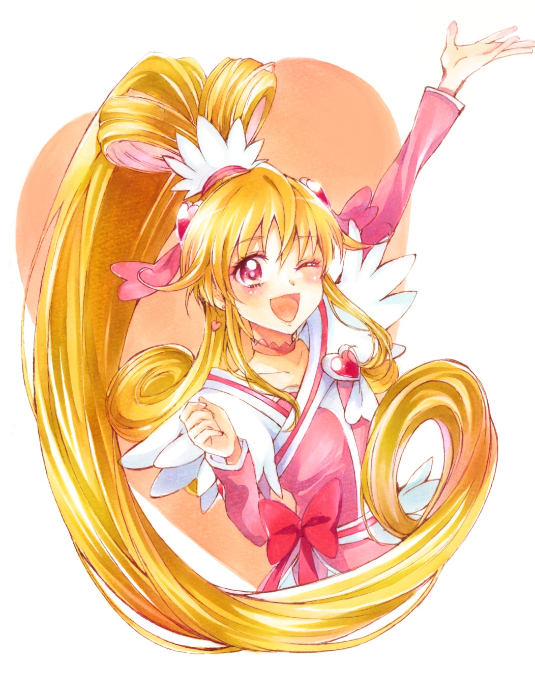 1girl ;d aida_mana arm_up blonde_hair choker cure_heart dokidoki!_precure highres long_hair looking_at_viewer magical_girl mikan_(mikataaaa) one_eye_closed open_mouth pink_eyes ponytail precure smile solo very_long_hair