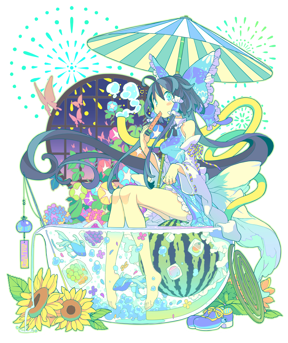 1girl absurdly_long_hair alternate_color barefoot black_hair blue_dress blue_eyes bow butterfly detached_sleeves dress fireworks fish fishing_rod flower food fruit goldfish hair_bow hair_tubes hakurei_reimu hose long_hair long_sleeves looking_at_viewer morino_hon parasol player_2 ponytail popsicle ribbon-trimmed_sleeves ribbon_trim shoes_removed sitting_on_object soaking_feet solo spilling sunflower touhou tub umbrella very_long_hair water watermelon watermelon_bar wide_sleeves wind_chime