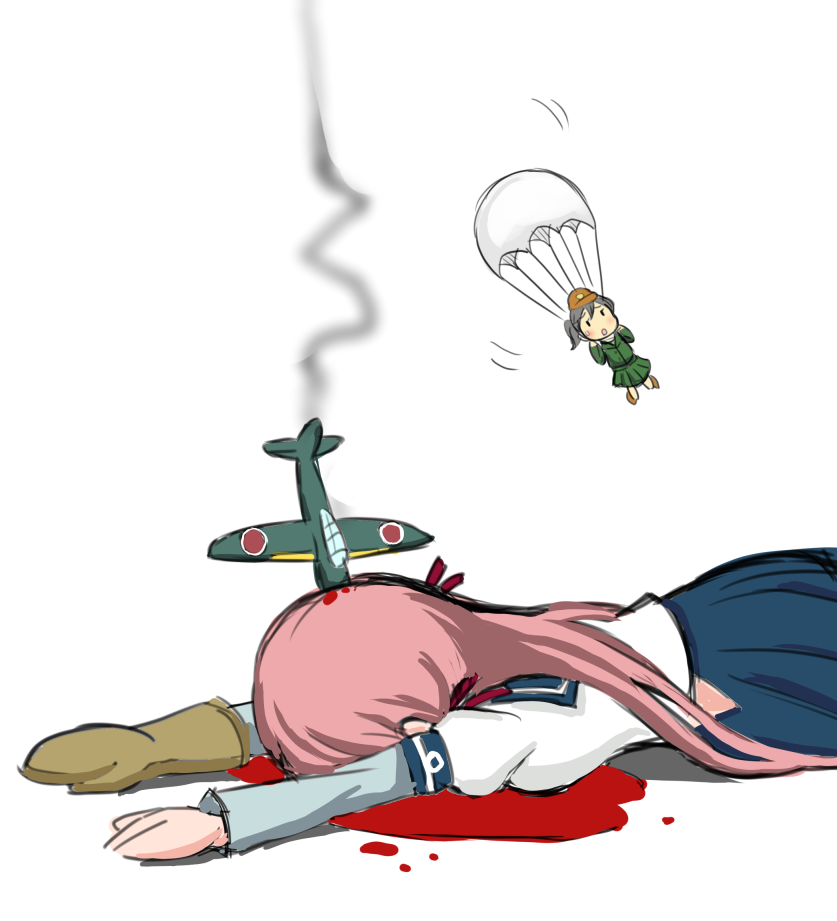 2girls airplane akashi_(kantai_collection) blood fairy_(kantai_collection) green_eyes grey_hair hair_ribbon hip_vent kantai_collection long_hair lying minigirl multiple_girls on_stomach parachute pink_hair ponytail ribbon school_uniform serafuku single_glove smoke tress_ribbon tsukemon twintails war_fan