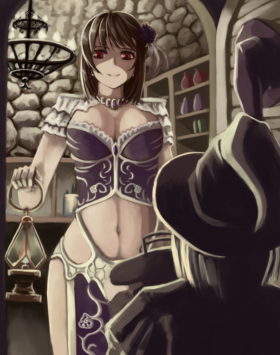 1girl breasts brown_hair cleavage flower hair_flower hair_ornament halloween hat height_difference highres indoors lamp looking_at_another navel_cutout nuppa original red_eyes revealing_clothes short_hair smile solo stone_wall wall witch_hat