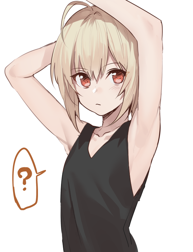 1boy ? ahoge androgynous armpits arms_up blonde_hair erubo original red_eyes short_hair simple_background solo spoken_question_mark white_background