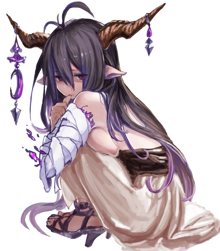 1girl antenna_hair bandages black_hair breasts danua dress finger_to_mouth granblue_fantasy horns jewelry large_breasts long_hair looking_at_viewer mizutsu pointy_ears red_eyes sideboob simple_background solo squatting white_background