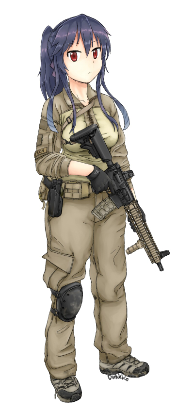 1girl assault_rifle dutchko gun handgun holster knee_pads looking_at_viewer military military_uniform original pistol ponytail purple_hair red_eyes rifle solo uniform weapon