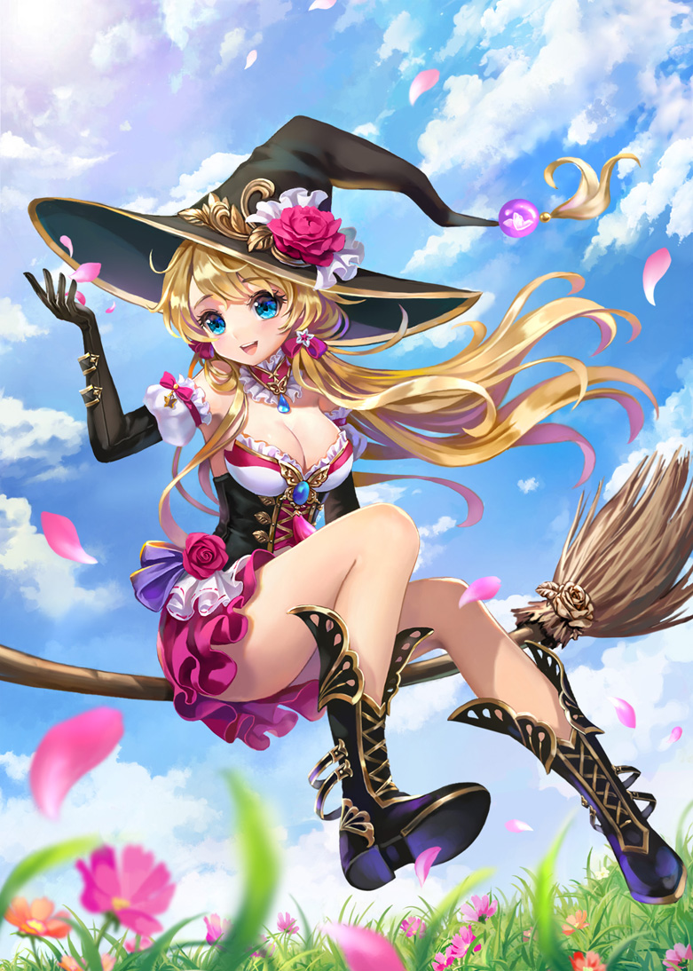 1girl arm_garter artist_request blonde_hair blue_eyes breasts brooch broom broom_riding cleavage clouds cloudy_sky cross-laced_footwear flower gloves hat jewelry kaku-san-sei_million_arthur long_hair open_mouth original pendant petals rose sky smile solo witch witch_hat