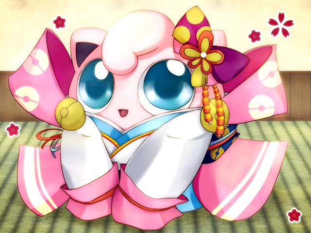 artist_request blue_eyes flower hair_ornament japanese_clothes jigglypuff no_humans open_mouth pokemon pokemon_(creature) sitting