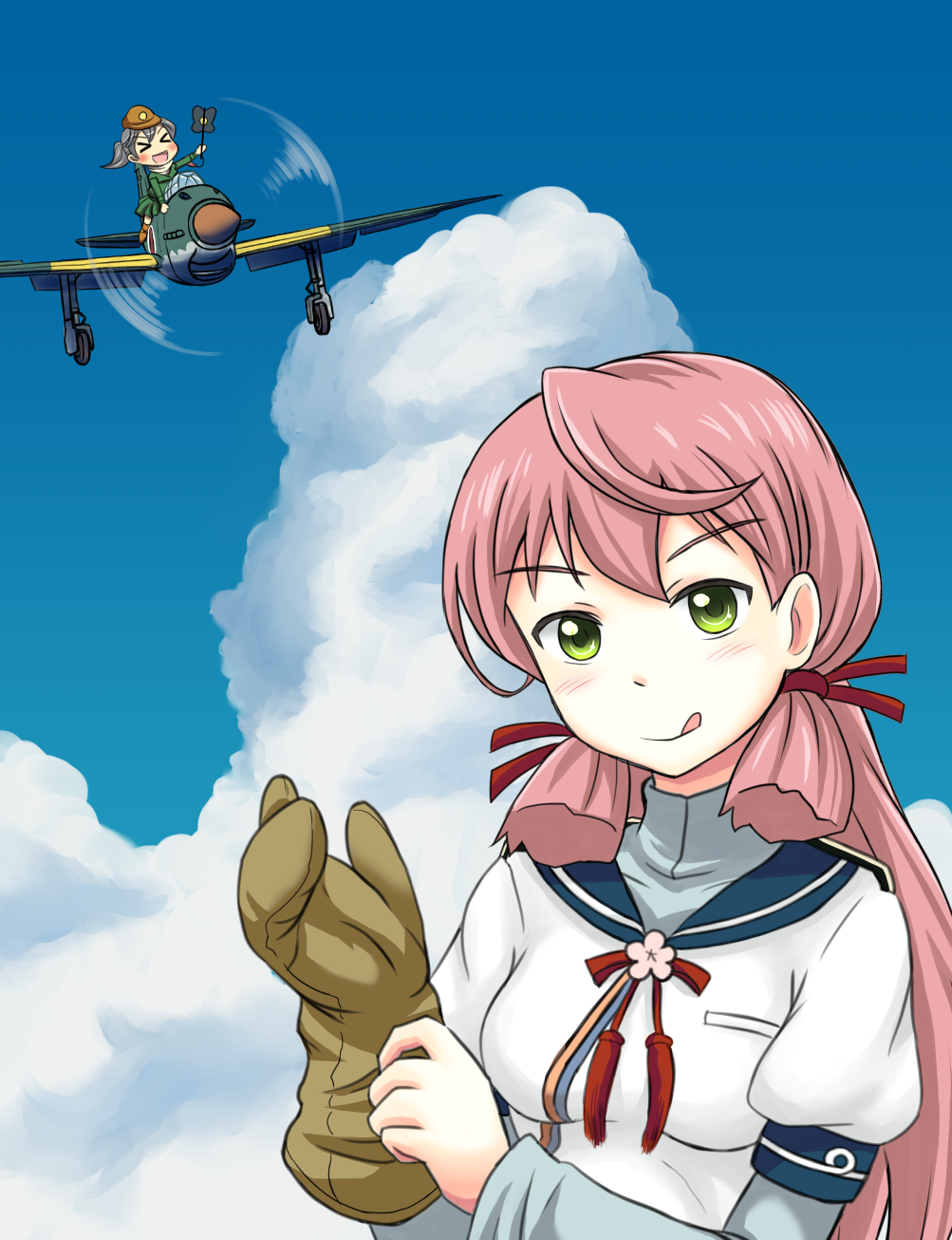 2girls :d airplane akashi_(kantai_collection) blush fairy_(kantai_collection) green_eyes grey_hair hair_ribbon highres kantai_collection long_hair looking_at_viewer minigirl multiple_girls open_mouth pink_hair ponytail ribbon school_uniform serafuku single_glove smile tress_ribbon tsukemon twintails war_fan