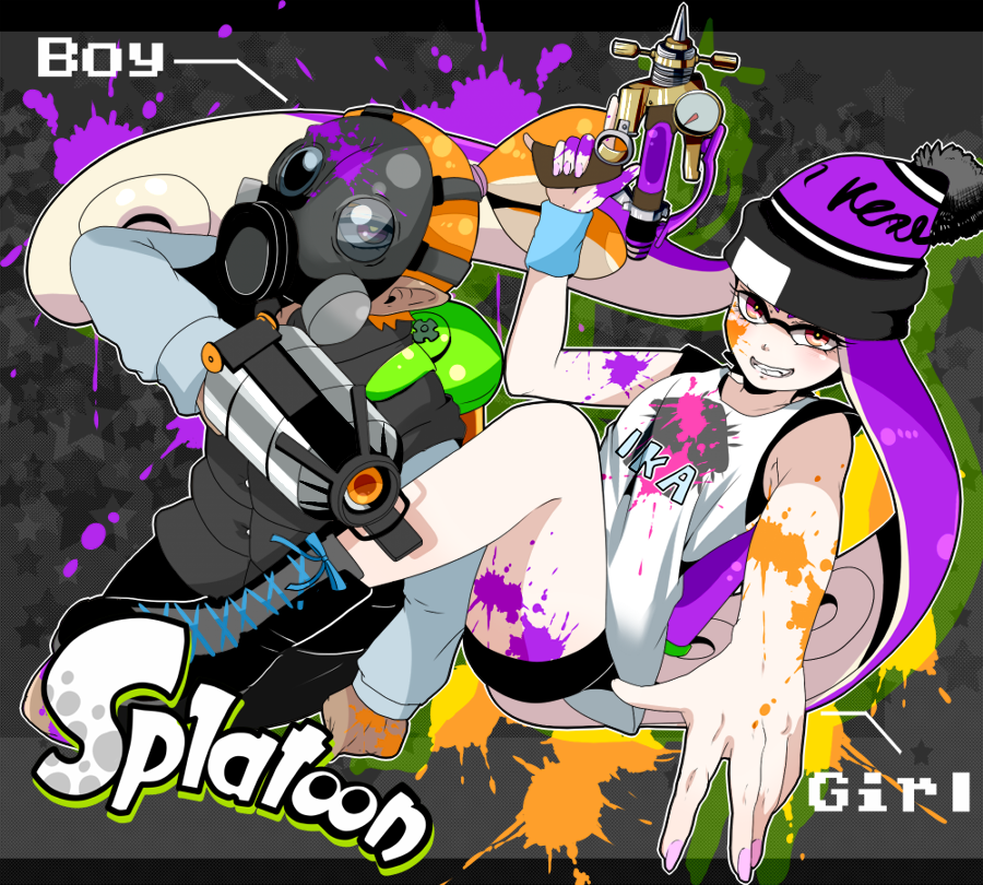 1boy 1girl artist_request beanie clothes_writing gas_mask grin hat inkling long_sleeves looking_at_viewer monster_girl orange_hair outstretched_arm paint_splatter purple_hair red_eyes shorts sleeveless smile splatoon tentacle_hair vest violet_eyes water_gun wristband