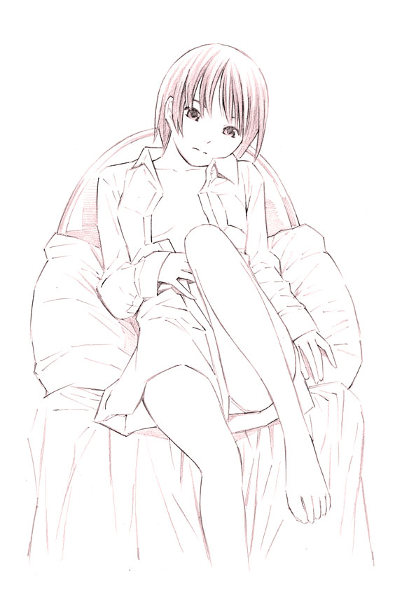 1girl barefoot dress_shirt monochrome original shirt short_hair sketch solo traditional_media yoshitomi_akihito