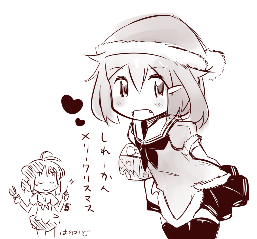 2girls double_bun fang gift hair_ornament hairclip hanomido hat ikazuchi_(kantai_collection) kantai_collection monochrome multiple_girls naka_(kantai_collection) neckerchief needle open_mouth santa_hat school_uniform scissors serafuku short_hair skirt translation_request