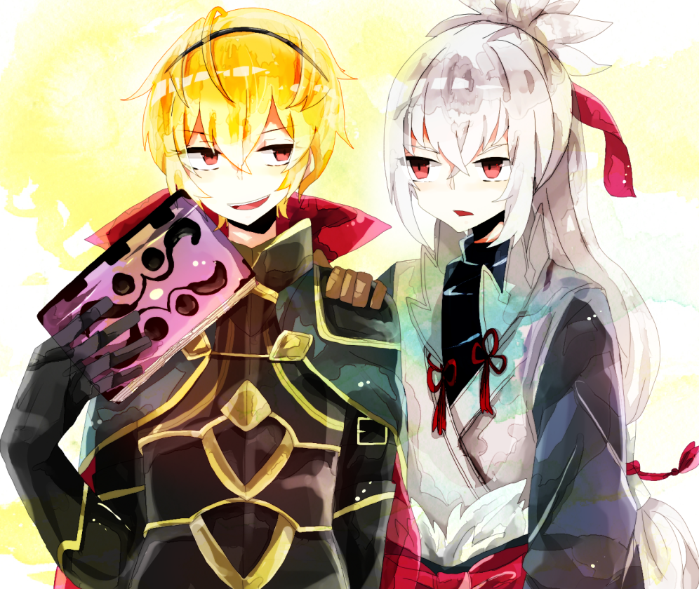 2boys armor blonde_hair book cape fire_emblem fire_emblem_if gloves leon_(fire_emblem_if) long_hair multiple_boys open_mouth ponytail red_eyes takumi_(fire_emblem_if) white_hair