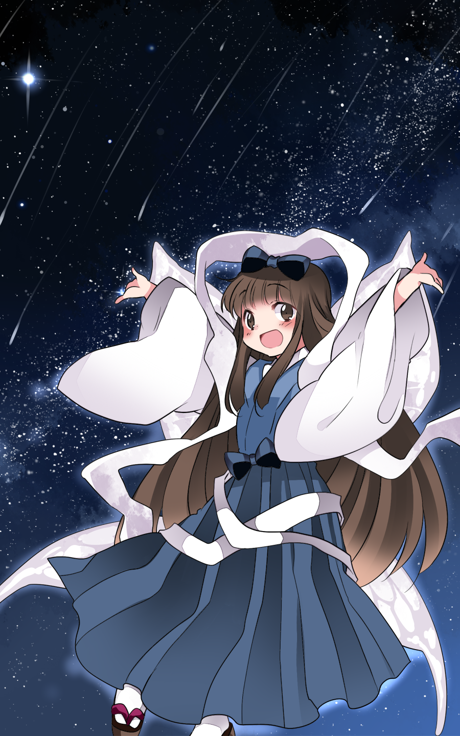 1girl alternate_costume arms_behind_back blush brown_eyes brown_hair hair_ribbon hammer_(sunset_beach) highres long_hair looking_at_viewer open_mouth outstretched_arms payot ribbon sandals shooting_star skirt sky smile solo star_(sky) star_sapphire starry_sky tanabata touhou wide_sleeves