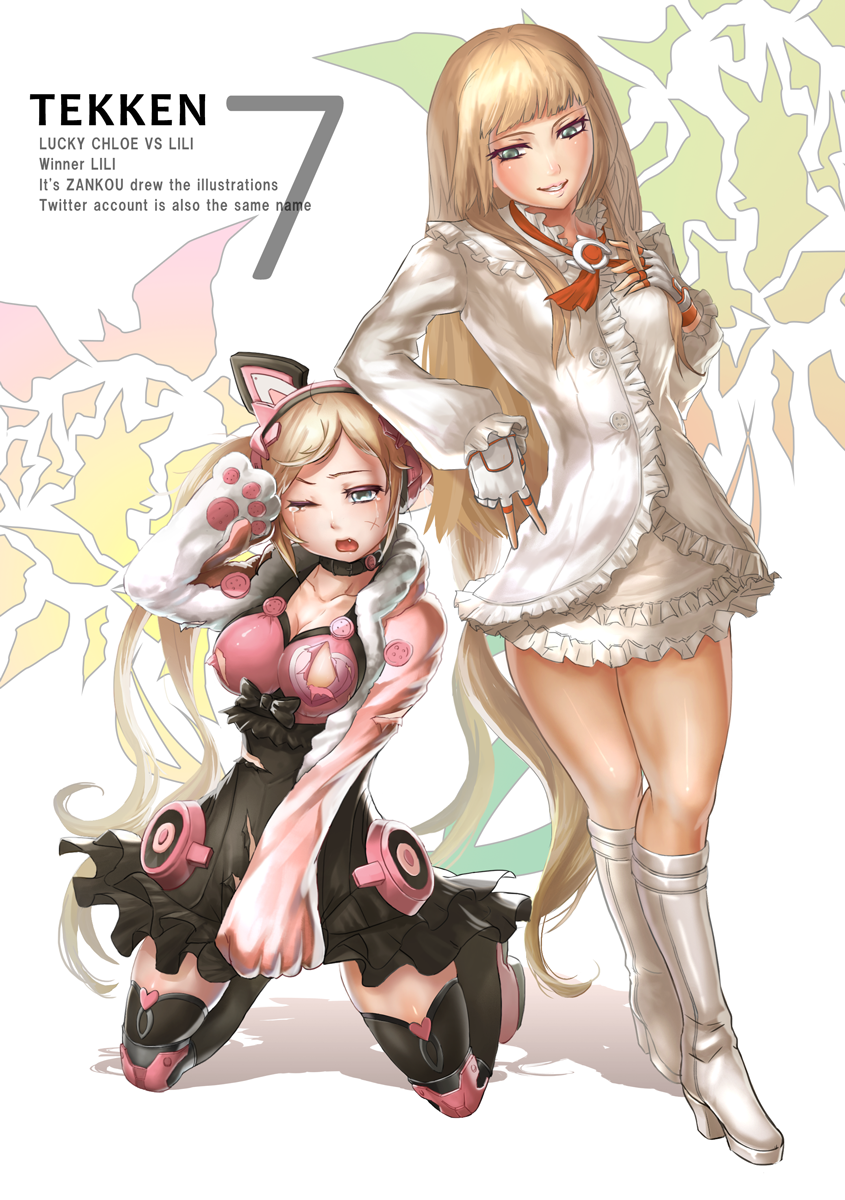 2girls blonde_hair blue_eyes boots breasts cat_ear_headphones collar crying defeat dress emilie_de_rochefort fang fingerless_gloves gloves headphones highres idol jisper2002 knee_boots large_breasts lili_(tekken) long_hair lucky_chloe multiple_girls namco paw_gloves tekken tekken_7 thigh-highs thigh_boots torn_clothes v white_dress