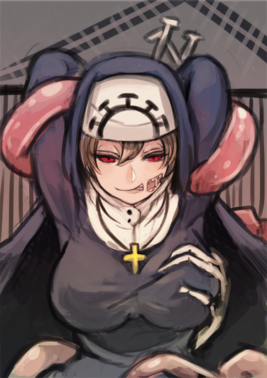 1girl arms_behind_head black_dress breast_grab breasts cross cross_necklace double_(skullgirls) dress glasgow_smile habit large_breasts light_brown_hair long_sleeves monster_girl nun red_eyes short_hair skullgirls smile solo taut_clothes taut_dress tentacles toi_(toiot)