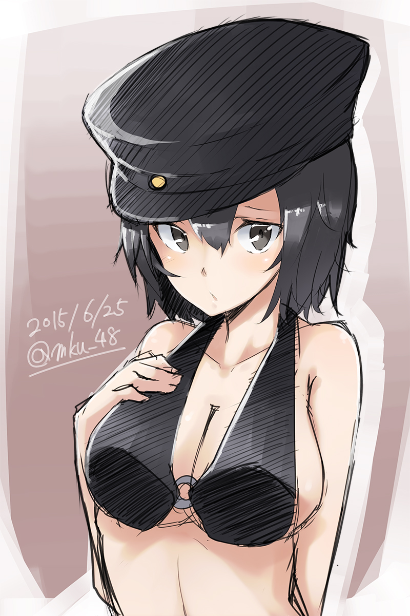 1girl akitsu_maru_(kantai_collection) alternate_costume bikini black_bikini black_eyes black_hair breasts hair_between_eyes hands_on_own_chest hat highres kantai_collection large_breasts midriff mku navel o-ring_top peaked_cap short_hair sideboob swimsuit