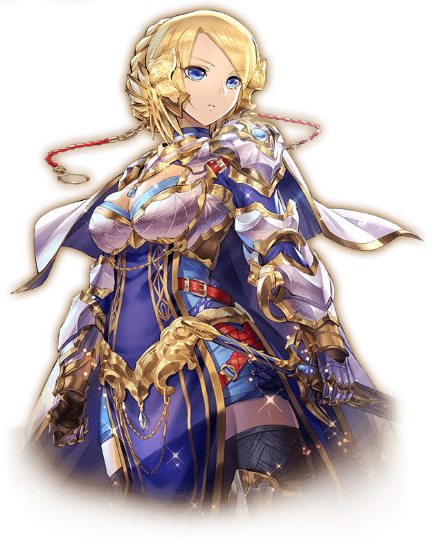 1girl armor artist_request bangs blonde_hair blue_eyes breasts capelet cowboy_shot gauntlets gyakushuu_no_fantasica jewelry necklace official_art parted_bangs sheath sheathed short_hair solo sword tabard thigh-highs weapon
