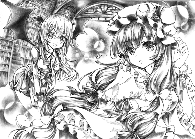 2girls :d ahoge bending_forward book bookshelf crescent_hair_ornament demon_wings double_bun graphite_(medium) greyscale hair_ornament hair_ribbon hand_on_headwear head_wings koakuma lakestep55 library long_hair long_sleeves looking_at_viewer miniskirt mob_cap monochrome multiple_girls necktie open_mouth parted_lips patchouli_knowledge payot ribbon robe skirt smile touhou traditional_media tress_ribbon very_long_hair wings