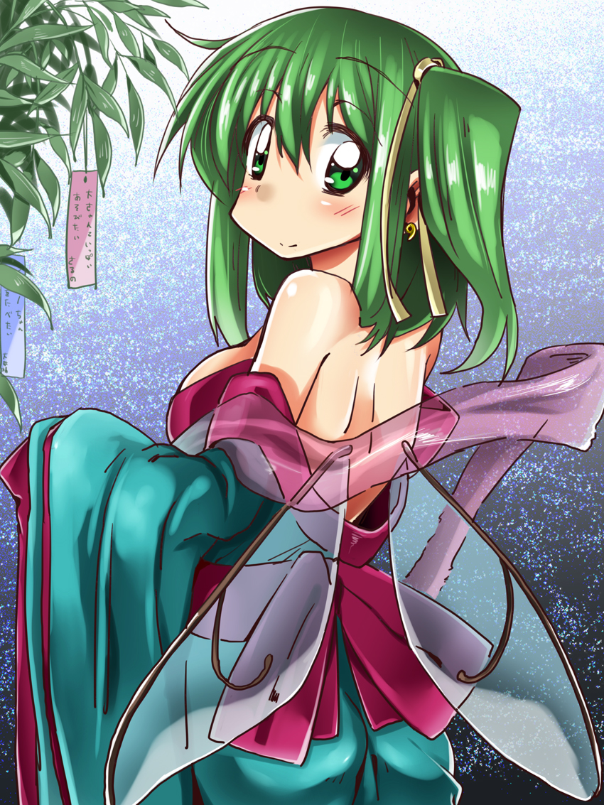 (9) 1girl alternate_costume ase_(nigesapo) bare_shoulders blush breasts daiyousei earrings fairy green_eyes green_hair hair_ribbon japanese_clothes jewelry kimono large_breasts looking_at_viewer looking_back official_art ribbon side_ponytail smile solo tanabata touhou