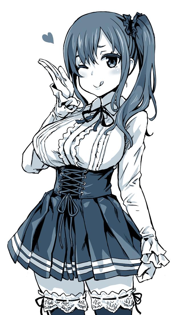 1girl ;d asanagi breasts corset imai_midori large_breasts long_hair looking_at_viewer monochrome one_eye_closed open_mouth shirobako side_ponytail smile solo thigh-highs