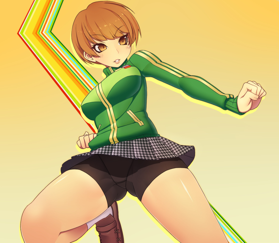1girl bike_shorts breasts brown_eyes brown_hair fighting_stance green_jacket houndstooth jacket kuroonehalf loafers persona persona_4 pleated_skirt satonaka_chie shoes short_hair shorts_under_skirt skirt solo track_jacket