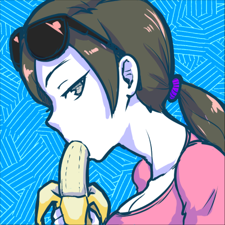 1girl akairiot banana black_hair breasts cleavage eating food fruit long_hair low_ponytail lowres ponytail scrunchie sunglasses sunglasses_on_head super_smash_bros. white_skin wii_fit wii_fit_trainer