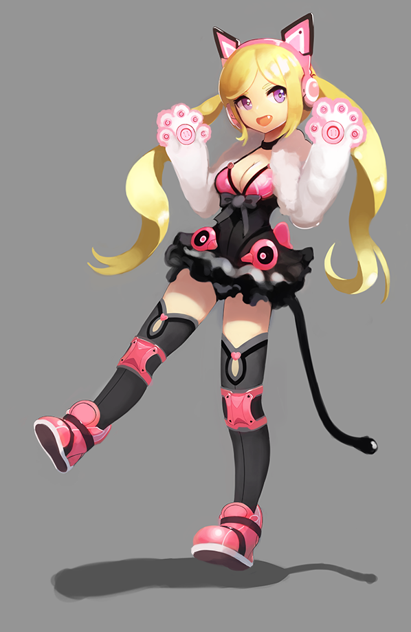 1girl axent_wear black_legwear blonde_hair blue_eyes breasts cat_ear_headphones cat_tail choker cleavage fang full_body gloves headphones knee_pads long_hair lucky_chloe notte paw_gloves smile solo tail tekken tekken_7 thigh-highs