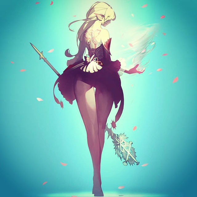 1girl ass bare_back bare_shoulders blonde_hair detached_sleeves ertheia from_behind lineage lineage_2 long_hair long_sleeves miniskirt petals pointy_ears shaded_face skirt smile staff tattoo