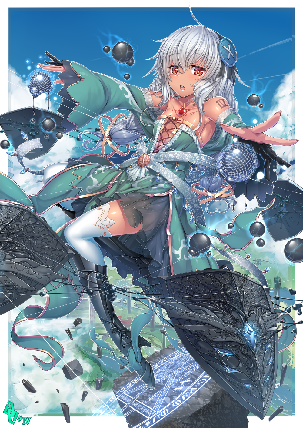 1girl armpits blue_sky clouds collarbone detached_sleeves dress green_dress hair_ornament highres kantarou_(nurumayutei) long_hair long_sleeves looking_at_viewer magic_circle no_bra open_mouth original outstretched_arms red_eyes shield side_slit silver_hair skirt sky small_breasts solo strapless_dress tattoo thigh-highs very_long_hair white_legwear wide_sleeves zettai_ryouiki