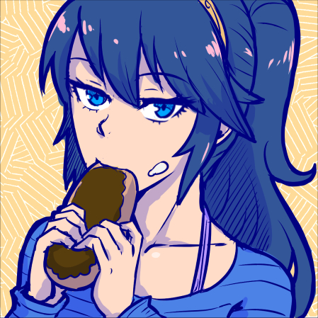 1girl akairiot bikini bikini_under_clothes black_hair blue_eyes casual cream_on_face eclair_(food) fire_emblem fire_emblem:_kakusei long_hair looking_at_viewer lowres lucina solo super_smash_bros. sweater swimsuit swimsuit_under_clothes