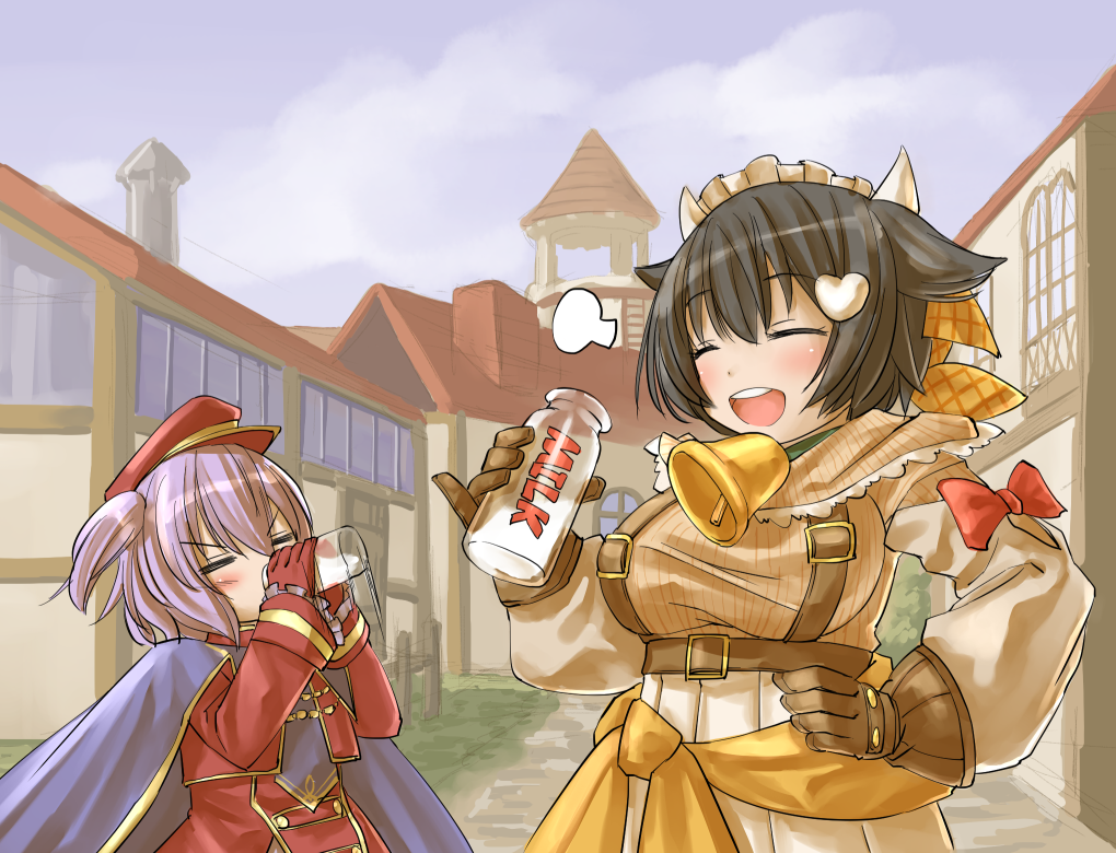 2girls animal_ears bell black_hair blush bottle breast_envy breasts brown_gloves cape character_request closed_eyes cow_bell cow_ears cow_girl cow_horns drinking flat_chest gloves hair_ornament hand_on_hip hat heart_hair_ornament horns kasuga_yukihito large_breasts milk milk_bottle multiple_girls peaked_cap pinky_out purple_hair red_gloves short_hair suspenders