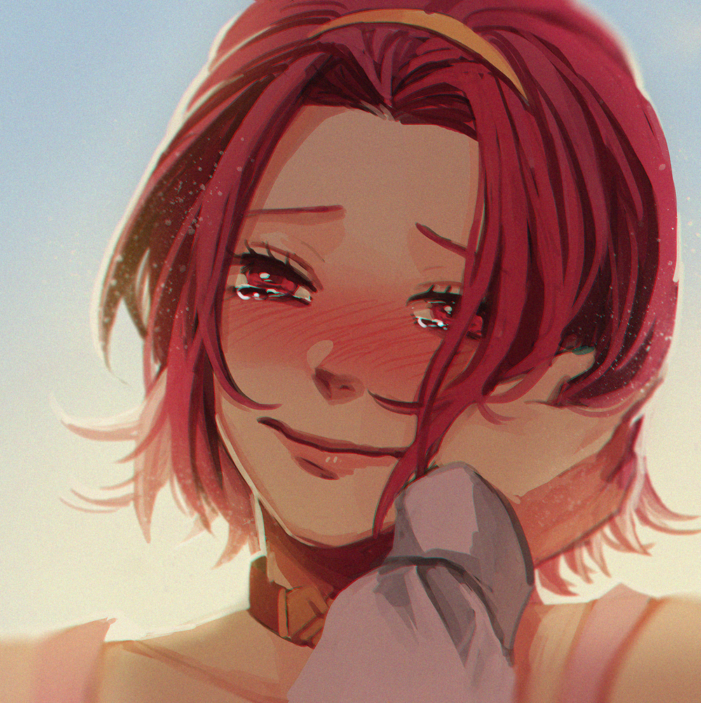 1girl backlighting blush choker face green_nails hair_over_one_eye hairband hand_on_another's_face jojo_no_kimyou_na_bouken nail_polish portrait red_eyes redhead rin2010 smile sugimoto_reimi tears