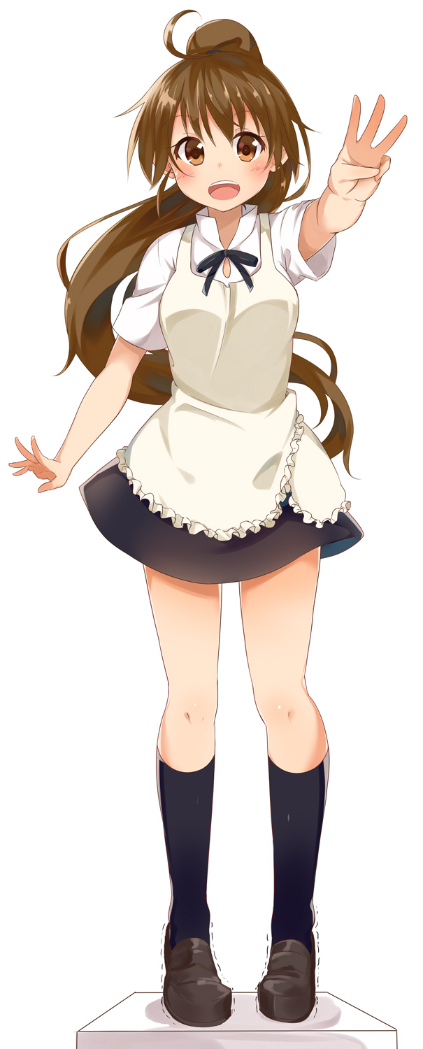 1girl :d apron black_legwear blush brown_eyes brown_hair full_body grin hand_gesture highres kneehighs loafers long_hair open_mouth ponytail sasahara_wakaba shoes simple_background skirt smile solo standing taneshima_popura tiptoes uniform waitress white_background working!!