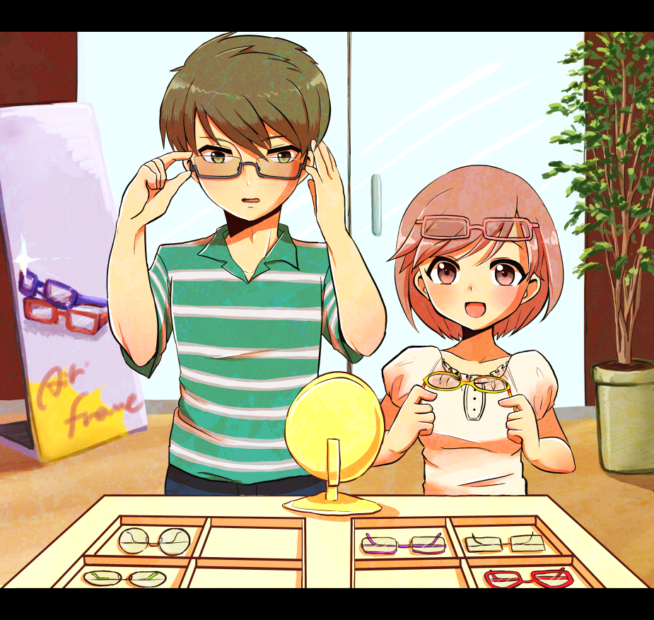 adjusting_glasses bambi_(tokimeki_memorial_girl's_side_3rd_story) brown_hair door glass_door glasses glasses_on_head green_eyes height_difference konno_tamao letterboxed mirror pink_eyes pink_hair plant poster_(object) potted_plant shirt short_hair striped striped_shirt tokimeki_memorial tokimeki_memorial_girl's_side_3rd_story yamayu_(razikuro) younger