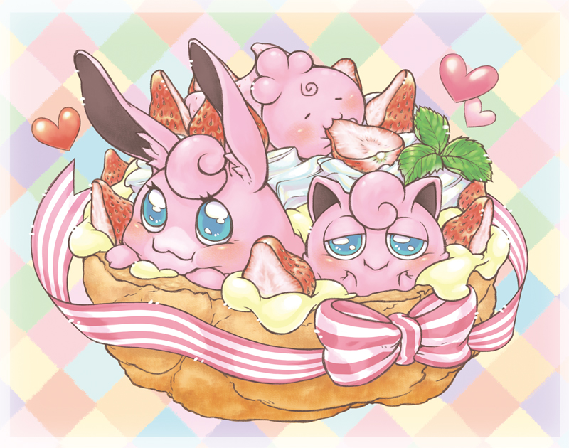 blue_eyes blush cream_puff ears eating food fruit gao_(2334787) happy heart igglybuff jigglypuff no_humans pokemon pokemon_(creature) pudding ribbon strawberry wigglytuff