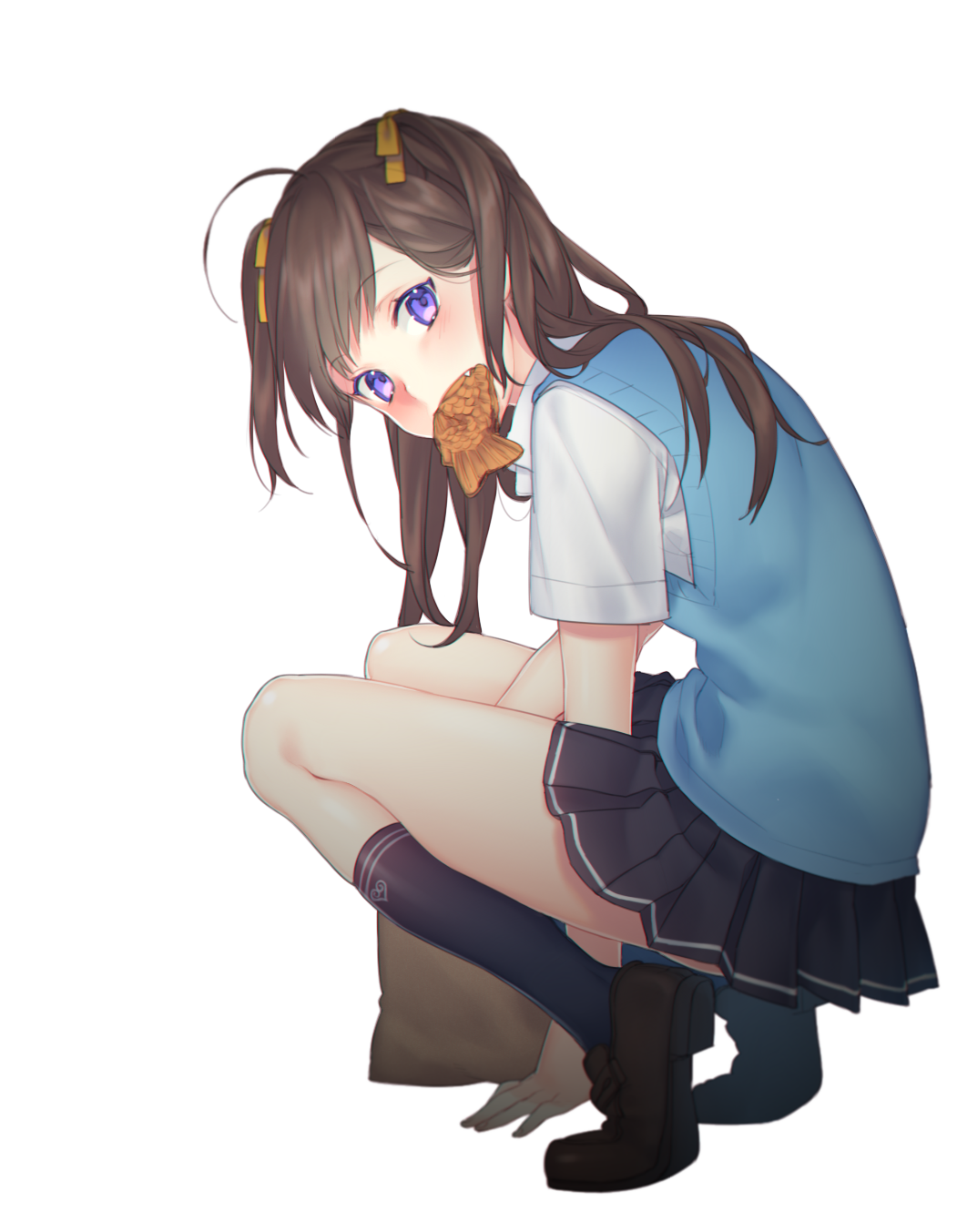 1girl ahoge between_legs black_legwear blush brown_hair fang food from_side hair_ribbon hand_between_legs highres kneehighs lio_(rumei2265874644) loafers long_hair looking_at_viewer mouth_hold original pleated_skirt ribbon shoes short_sleeves skirt solo squatting sweater_vest taiyaki transparent_background two_side_up violet_eyes wagashi