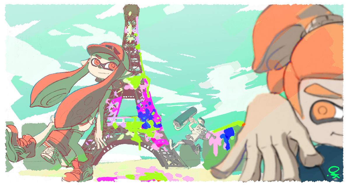1girl 2boys commentary_request domino_mask eiffel_tower france inkling long_hair mask multiple_boys official_art orange_eyes orange_hair paint paint_roller paris real_world_location red_eyes redhead shoes sneakers splatoon tentacle_hair