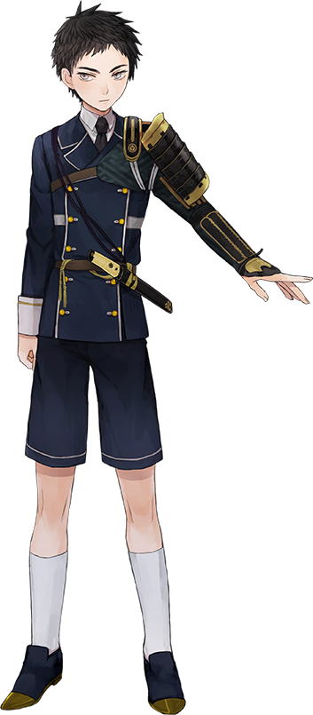 1boy armor atsushi_toushirou brown_hair double-breasted full_body japanese_armor kote kumita_(sumica) male_focus military military_uniform necktie official_art sheath sheathed short_hair shorts simple_background sode solo standing tantou touken_ranbu transparent_background uniform