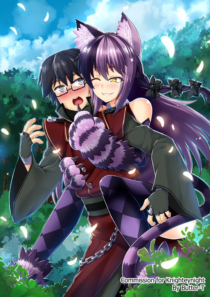 1boy 1girl animal_ears black_hair blush borrowed_character butter-t cat_ears cat_paws cat_tail checkered checkered_legwear cheshire_cat_(monster_girl_encyclopedia) claws clouds cloudy_sky fingerless_gloves forest fur glasses gloves grey_eyes long_hair monster_girl_encyclopedia multi-tied_hair multicolored_hair nature one_eye_closed original outdoors paws piggyback purple_hair semi-rimless_glasses sky smile sweatdrop tail under-rim_glasses yellow_eyes
