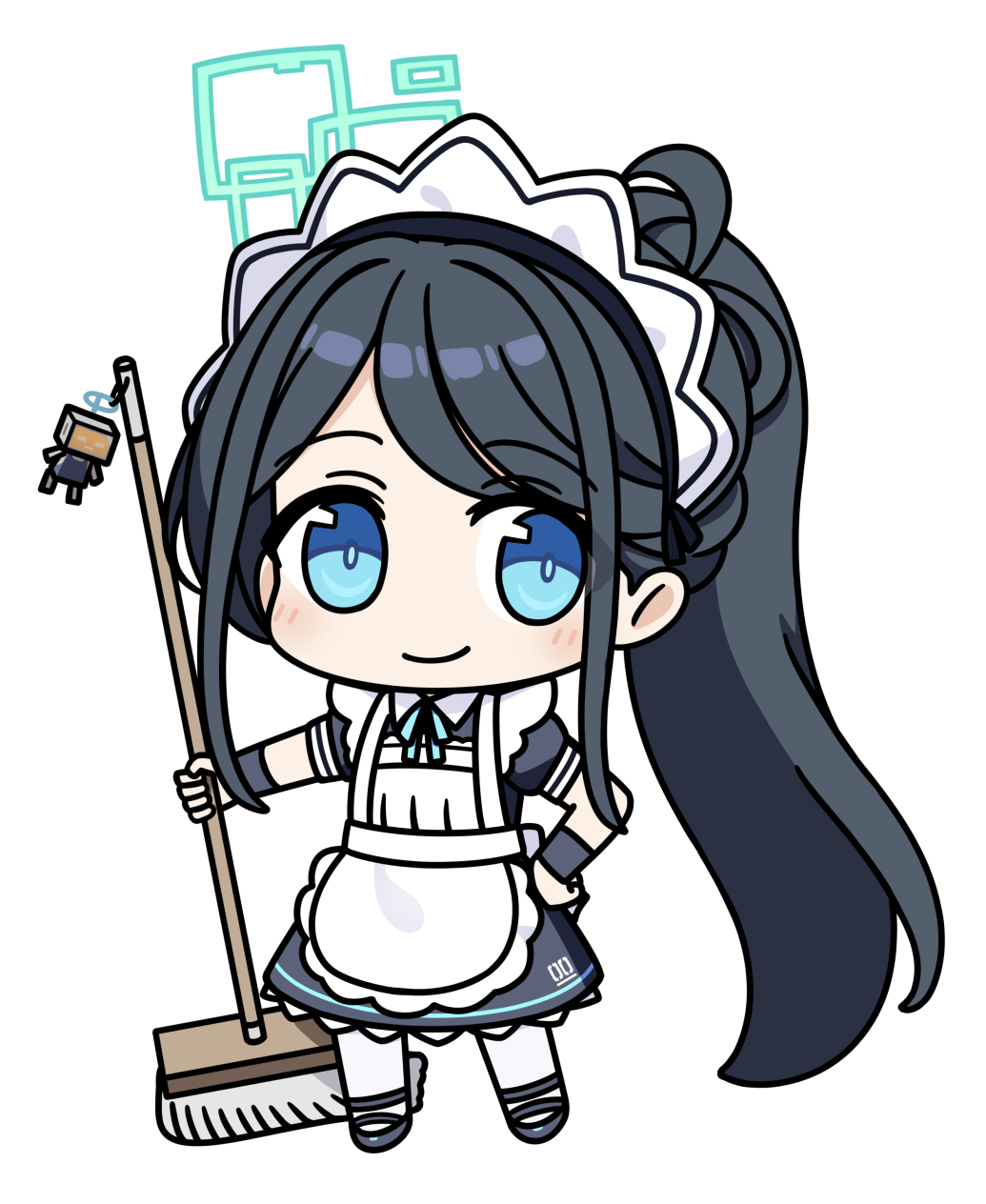 &lt;key&gt;_(robot)_(blue_archive) 1girl absurdly_long_hair apron aris_(blue_archive) aris_(maid)_(blue_archive) bell_(oppore_coppore) black_dress black_footwear black_hair blue_archive blue_eyes blush closed_mouth commentary_request dress frilled_apron frills full_body green_halo halo highres holding holding_mop long_hair maid maid_apron maid_headdress mop official_alternate_costume pantyhose shoes short_sleeves simple_background smile solo very_long_hair white_apron white_background white_pantyhose