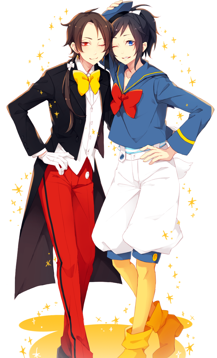 2boys blue_eyes bowtie brown_hair disney donald_duck donald_duck_(cosplay) donald_duck_sailor_hat earrings gloves hand_on_hip highres jewelry kashuu_kiyomitsu long_hair looking_at_viewer male_focus mickey_mouse mickey_mouse_(cosplay) multiple_boys one_eye_closed parted_lips ponytail red_bowtie red_eyes smile tailcoat touken_ranbu white_gloves yamato-no-kami_yasusada yellow_bowtie yugake_(mrnmrm)