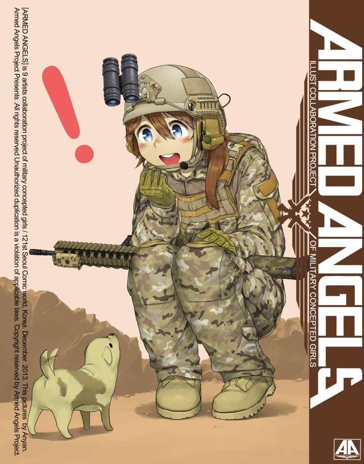 ! 1girl anyan_(jooho) armed_angels assault_rifle backpack bag blue_eyes brown_hair camouflage dessert dog ear_protection food gloves gun hat headphones headset helmet load_bearing_vest m4_carbine military military_hat military_uniform multicam_(camo) night_vision_device open_mouth original puppy rifle soldier solo squatting uniform weapon