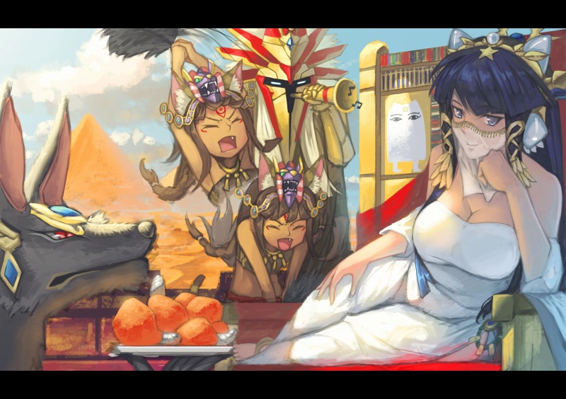2girls :d afterimage anubis_(p&amp;d) badominton bastet_(p&amp;d) black_hair blue_eyes blue_sky breasts brown_hair clouds dark_skin desert detached_sleeves dress egypt egyptian facial_hair fang instrument isis_(p&amp;d) jackal large_breasts long_hair medjedra multiple_girls musical_note open_mouth puzzle_&amp;_dragons pyramid ra_(p&amp;d) sky smile star tamadra trumpet veil white_dress
