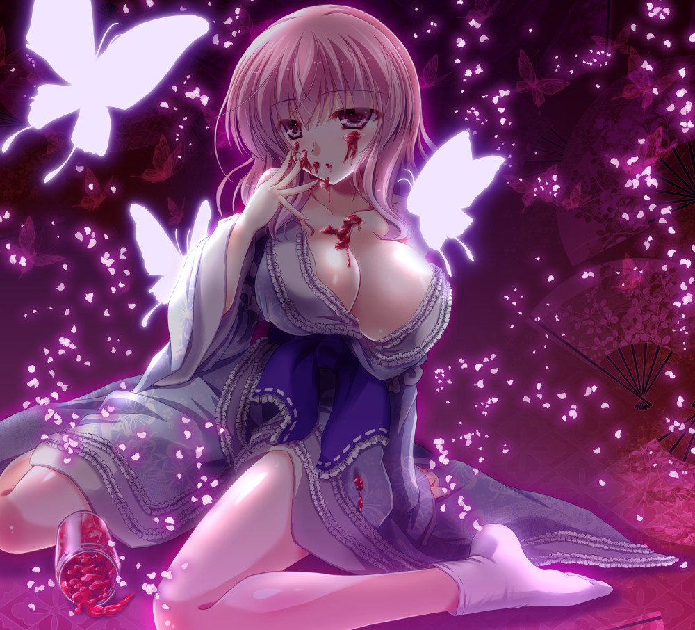 1girl blue_dress breasts butterfly cleavage collarbone dress fan folding_fan food food_on_body food_on_face food_on_finger glowing_butterfly jam jar large_breasts no_hat no_shoes petals pink_eyes pink_hair saigyouji_yuyuko sash sitting socks solo spilling tabi touhou wariza white_legwear yamu_(reverse_noise)