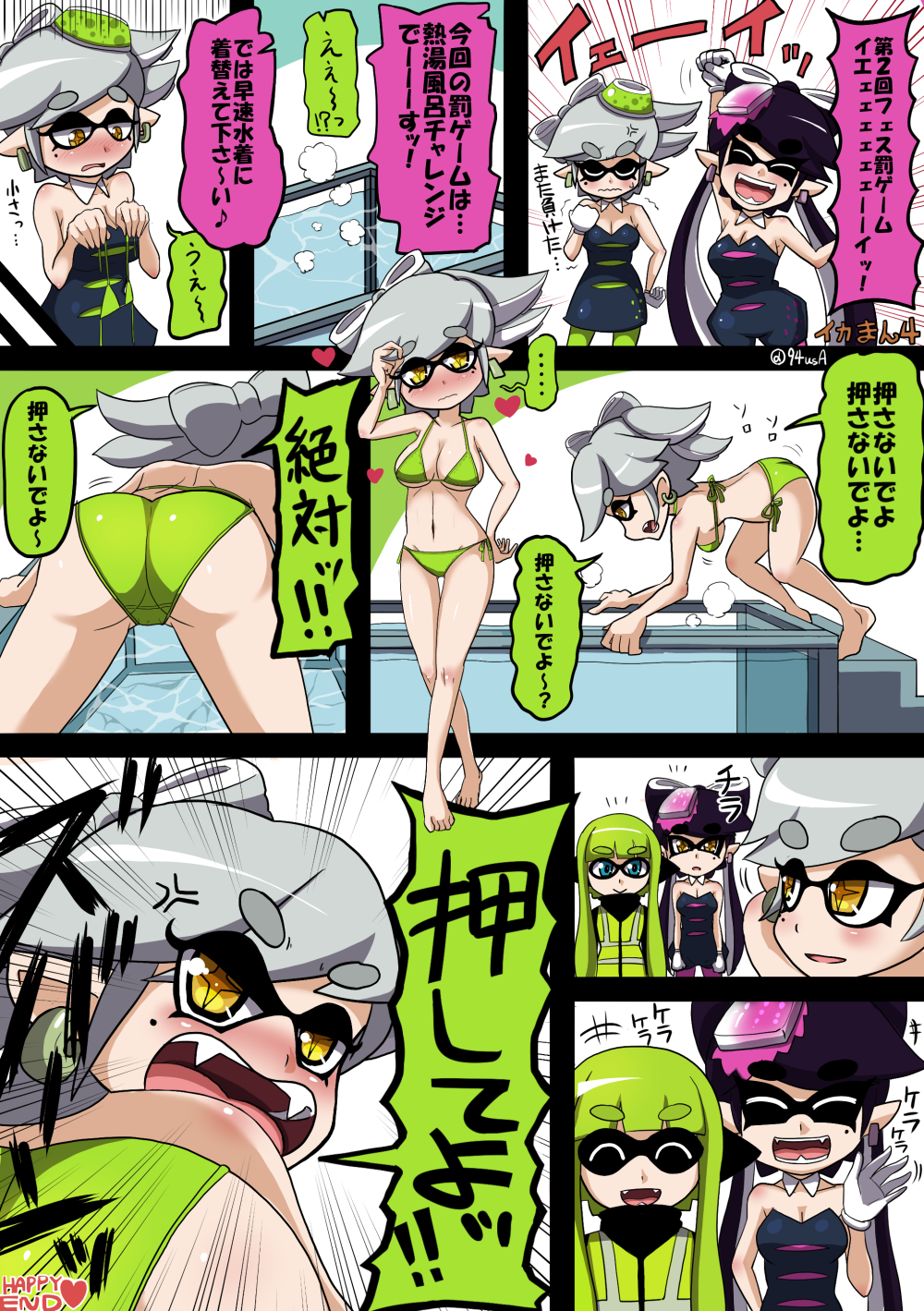 +_+ 3girls :d anger_vein aori_(splatoon) ass bent_over bikini black_hair blue_eyes blush breasts cleavage clenched_hand comic commentary_request detached_collar domino_mask dress earrings gloves green_bikini green_hair green_legwear grey_hair hair_rings highres hotaru_(splatoon) inkling jewelry long_hair mask mole mole_under_eye multiple_girls navel open_mouth pantyhose partially_translated pointy_ears purple_legwear short_hair smile splatoon strapless_dress swimsuit tentacle_hair translation_request under_boob unitard usa_(dai9c_carnival) water white_gloves