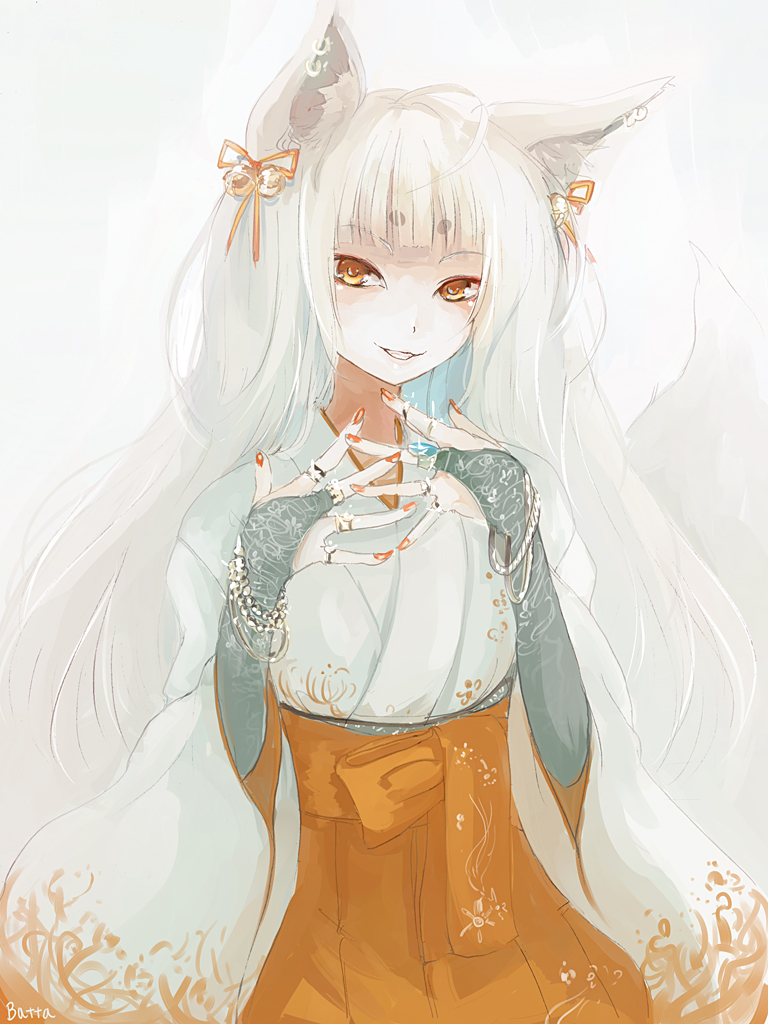 1girl animal_ears artist_name batta_(kanzume_quality) fox_ears gloves grin hair_ornament japanese_clothes jewelry kimono kitsune long_hair looking_at_viewer nail_polish orange_eyes original red_nails ring simple_background smile solo white_background white_hair
