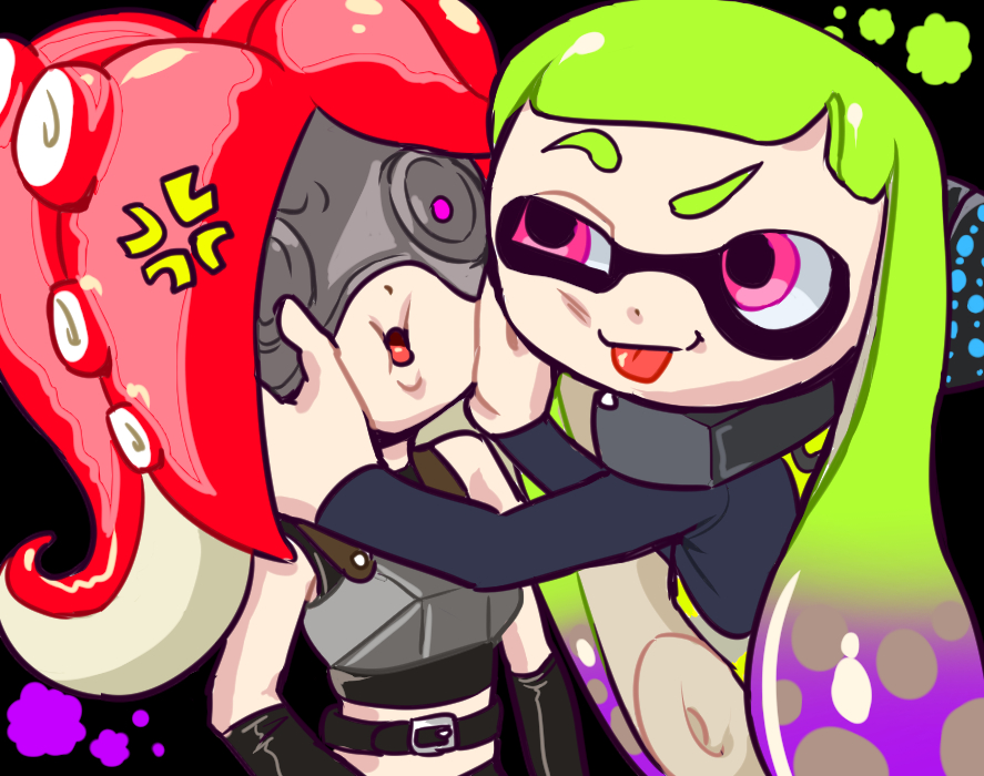 2girls :o :p anger_vein belt black_background black_gloves breastplate gloves goggles gradient_hair green_hair hands_on_another's_cheeks hands_on_another's_face headgear inkling kabyu long_hair long_sleeves multicolored_hair multiple_girls open_mouth purple_hair redhead smile splatoon takozonesu tongue tongue_out uneven_eyes upper_body violet_eyes